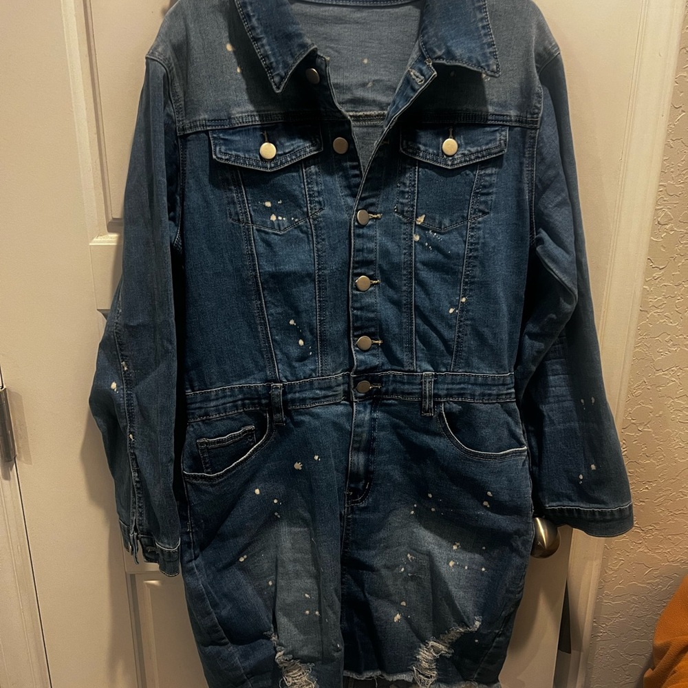 women’s Denim long sleeve dress with Distressed Details